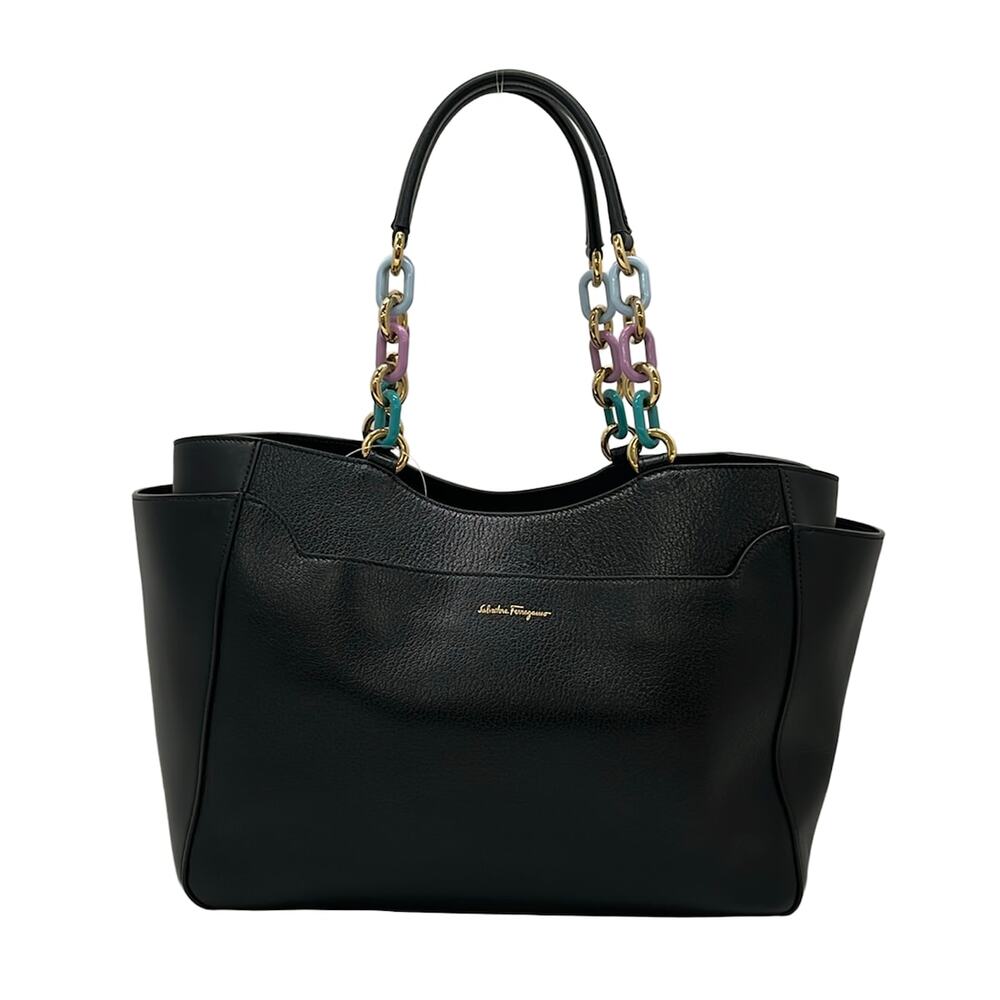 Salvatore Ferragamo Tote Bag Black Light Purple Multi Leather Plastic